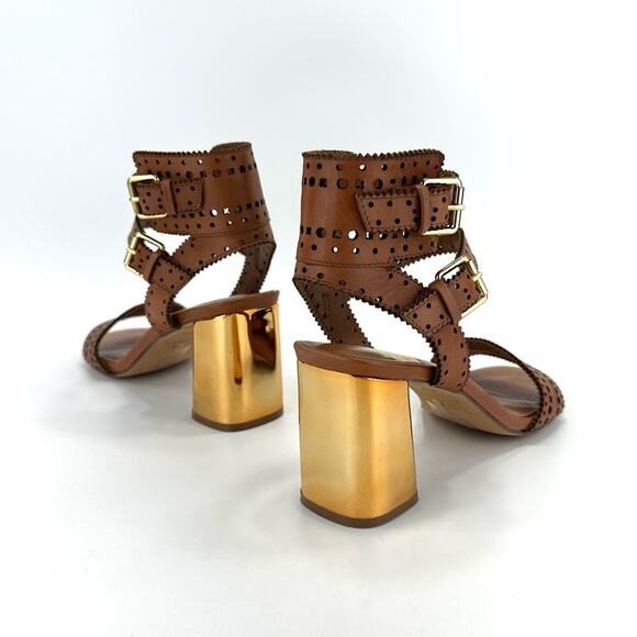 Dolce Vita Straps Sandal Sz 9.5 Brown Leather Gold Block High Heel Laser-Cut New - Picture 3 of 15